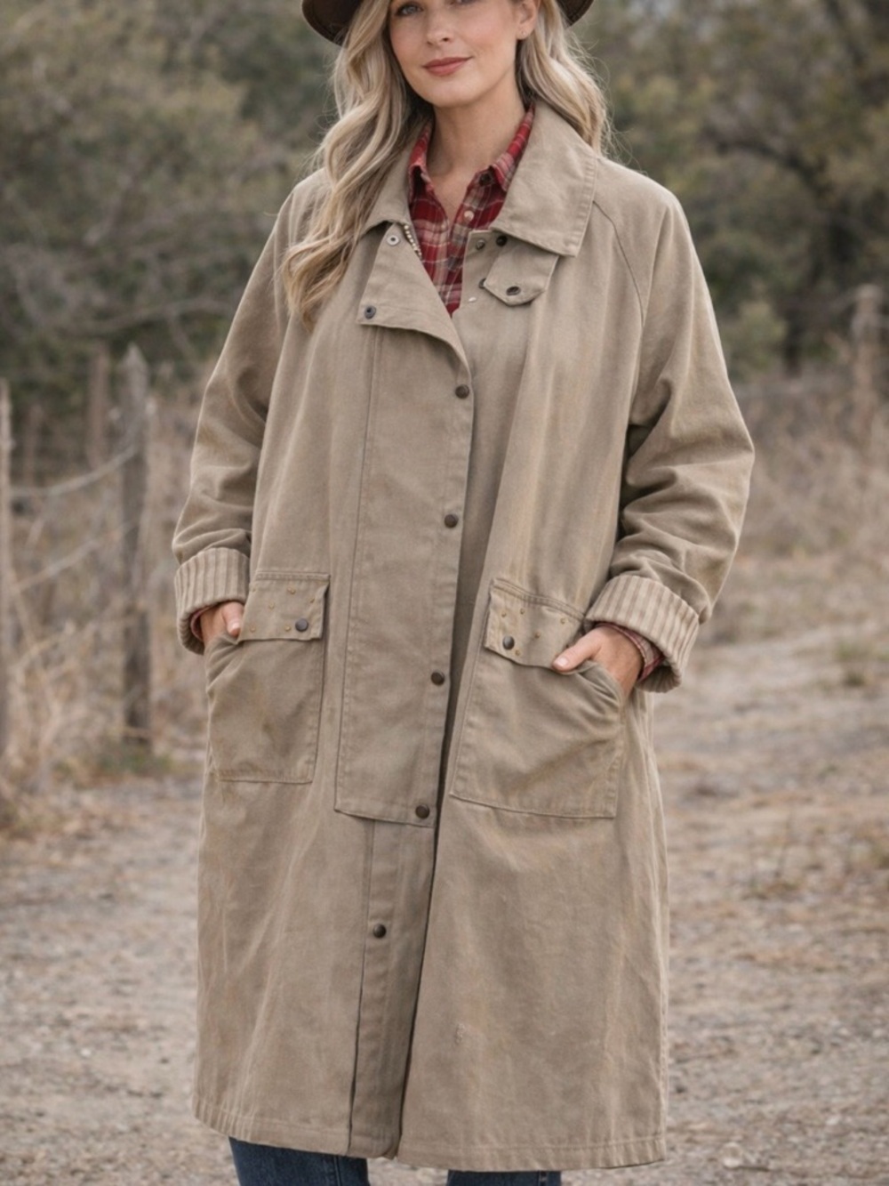 Vintage AUSTRALIAN OUTBACK COLLECTION Classic Canvas Duster Long Coat Beige LG